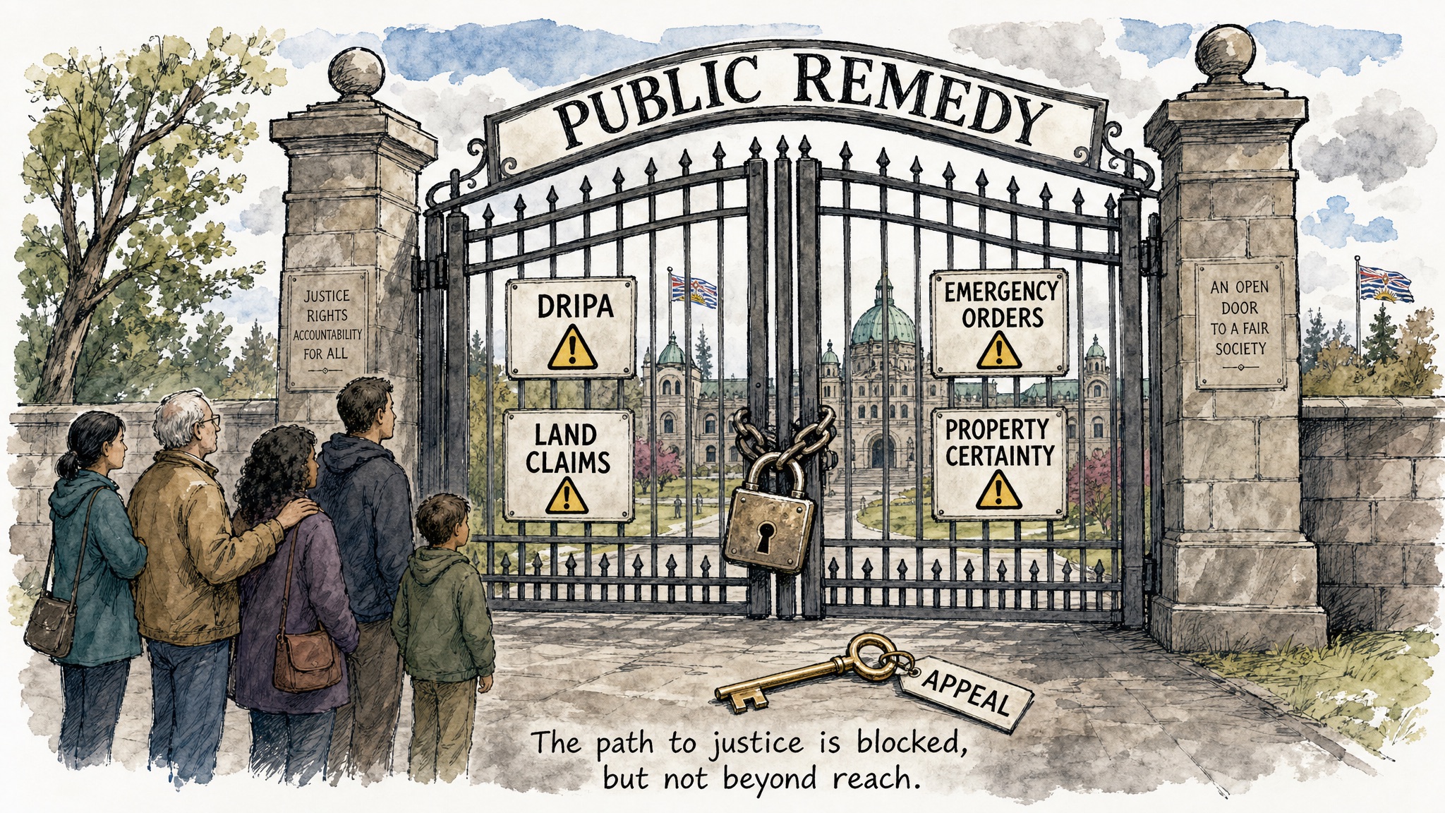 Editorial cartoon linking emergency powers, DRIPA, land claims and public legal remedies