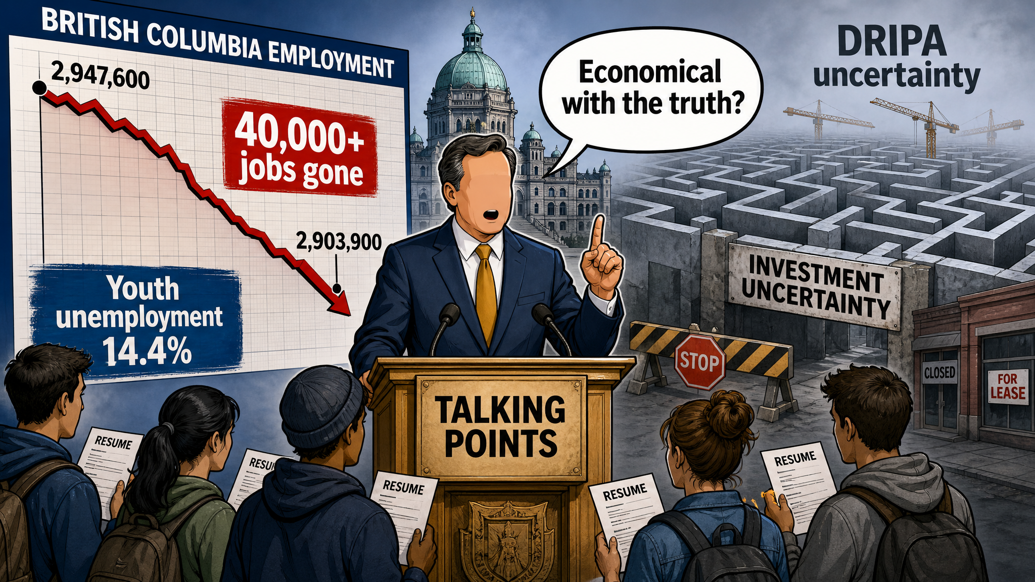 Editorial cartoon about B.C. job losses, youth unemployment and DRIPA investment uncertainty