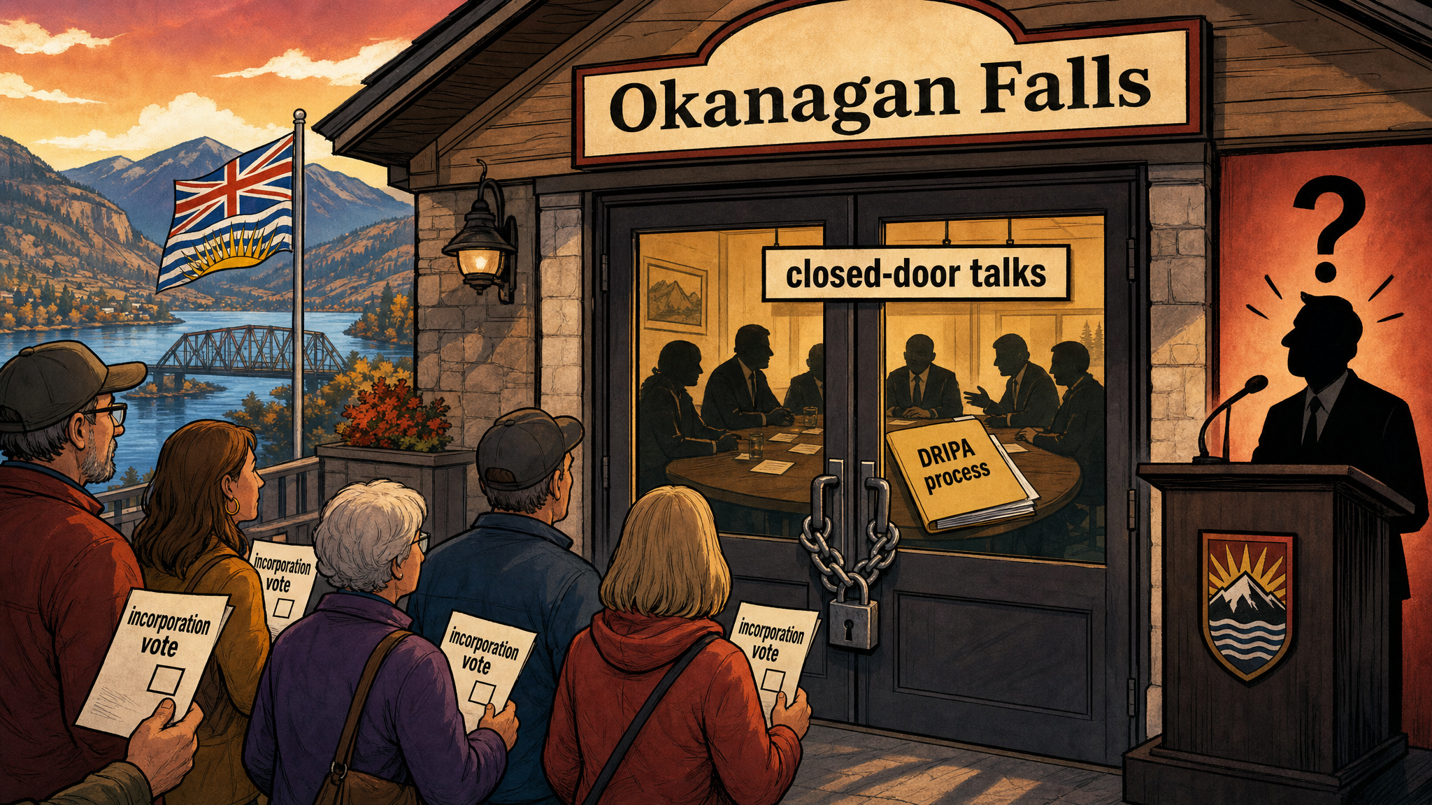 Editorial cartoon about Okanagan Falls voters and closed-door DRIPA incorporation talks