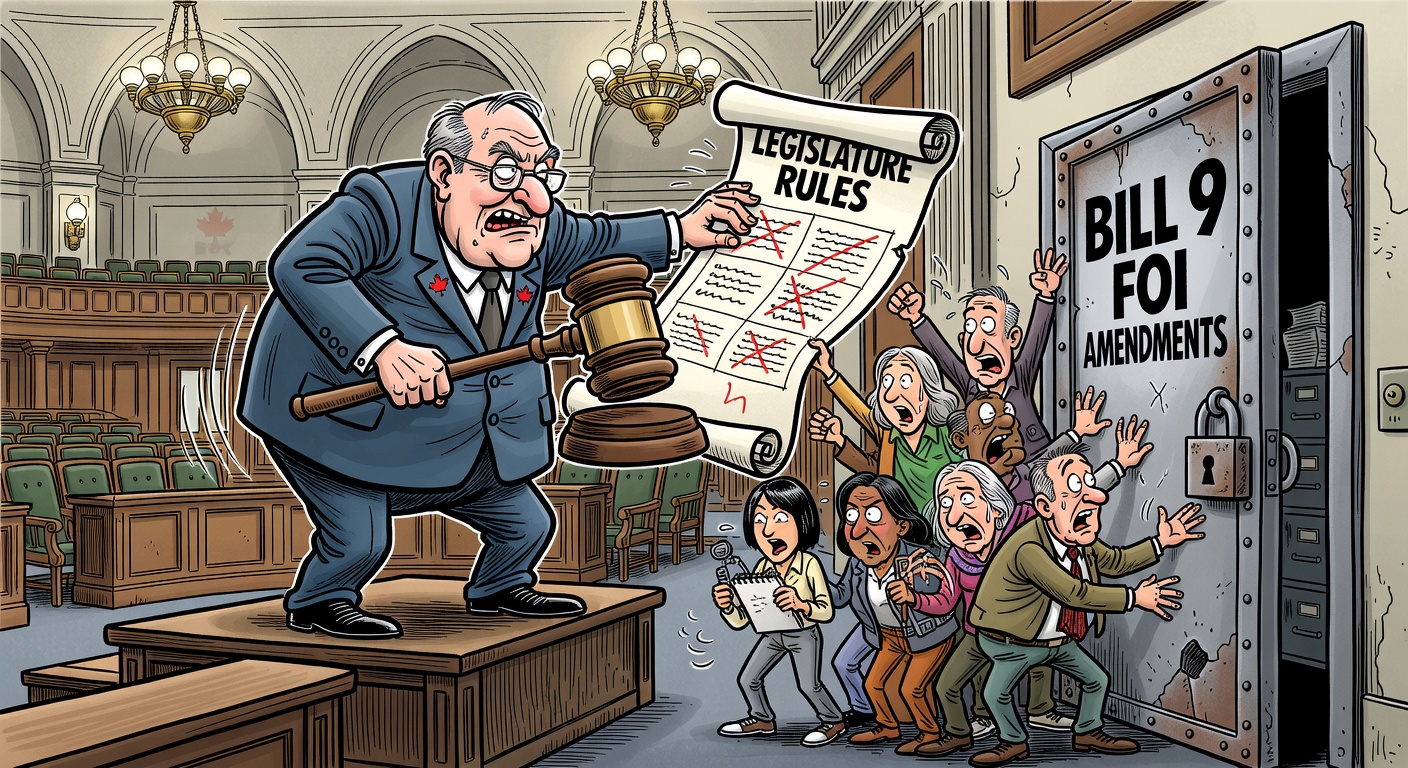 Editorial cartoon about the B.C. NDP changing legislative rules to push Bill 9 FOI amendments