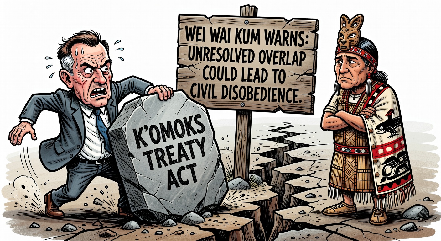 Editorial cartoon of Premier David Eby pushing the K’ómoks Treaty Act through while unresolved overlap warnings pile up behind him