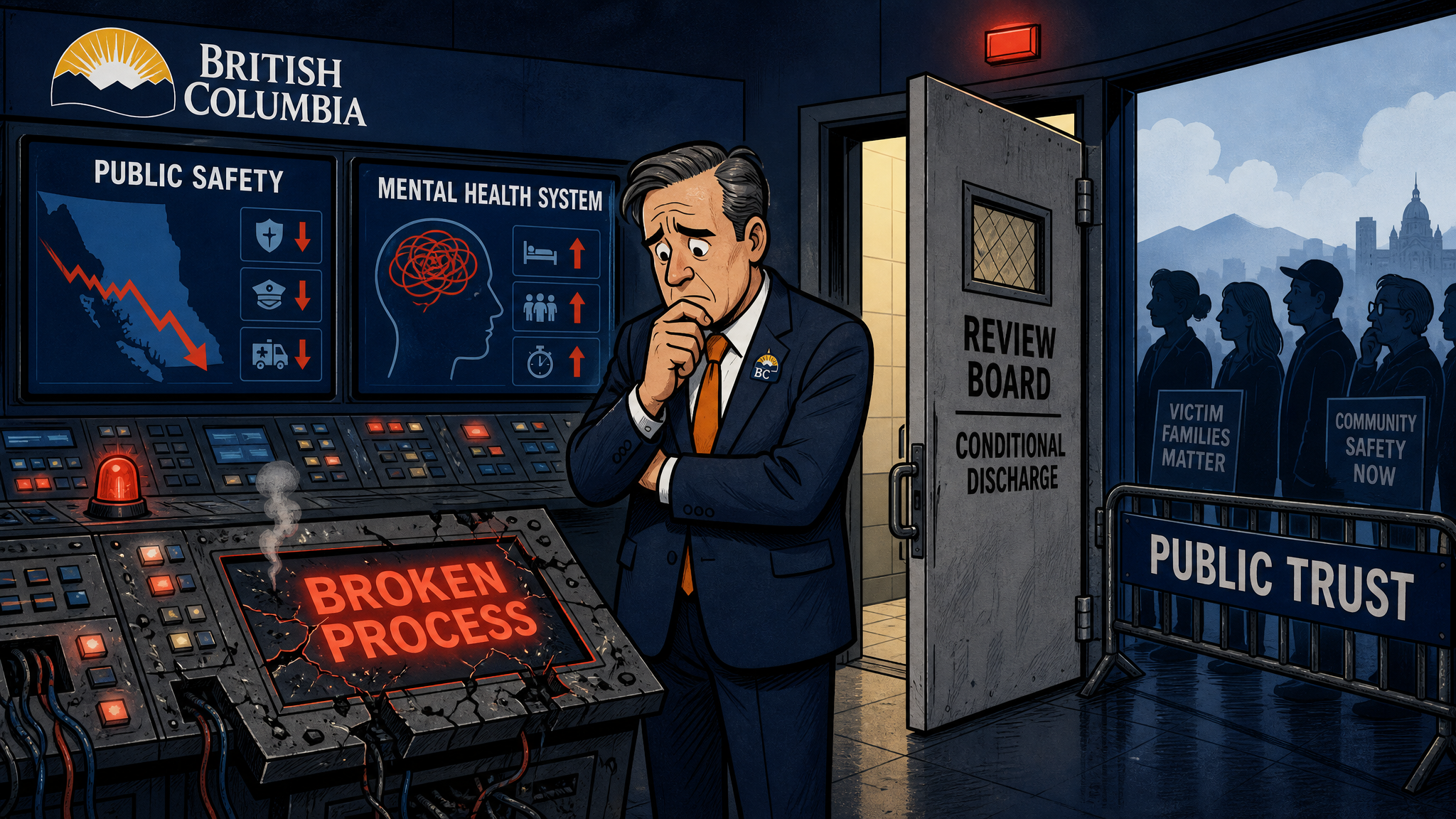 Editorial cartoon about B.C.’s public-safety and mental-health system after a Review Board conditional-discharge decision