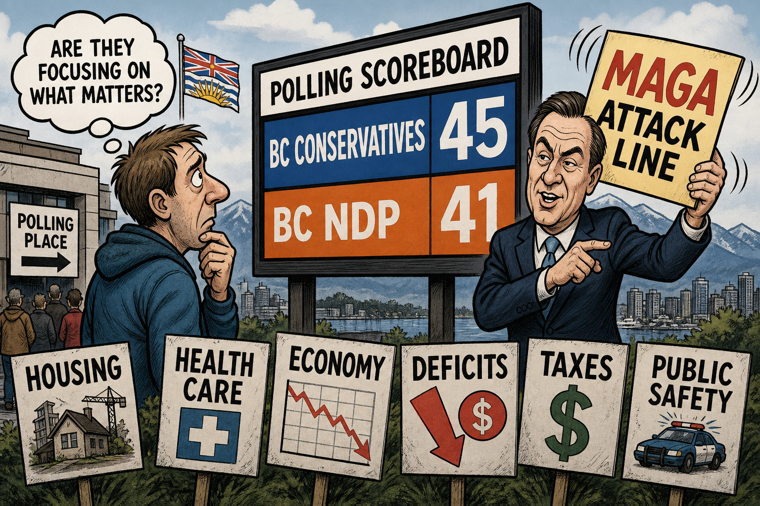 Editorial cartoon about a June 2026 Leger poll showing the BC Conservatives ahead of the BC NDP while voters cite housing, health care and the economy