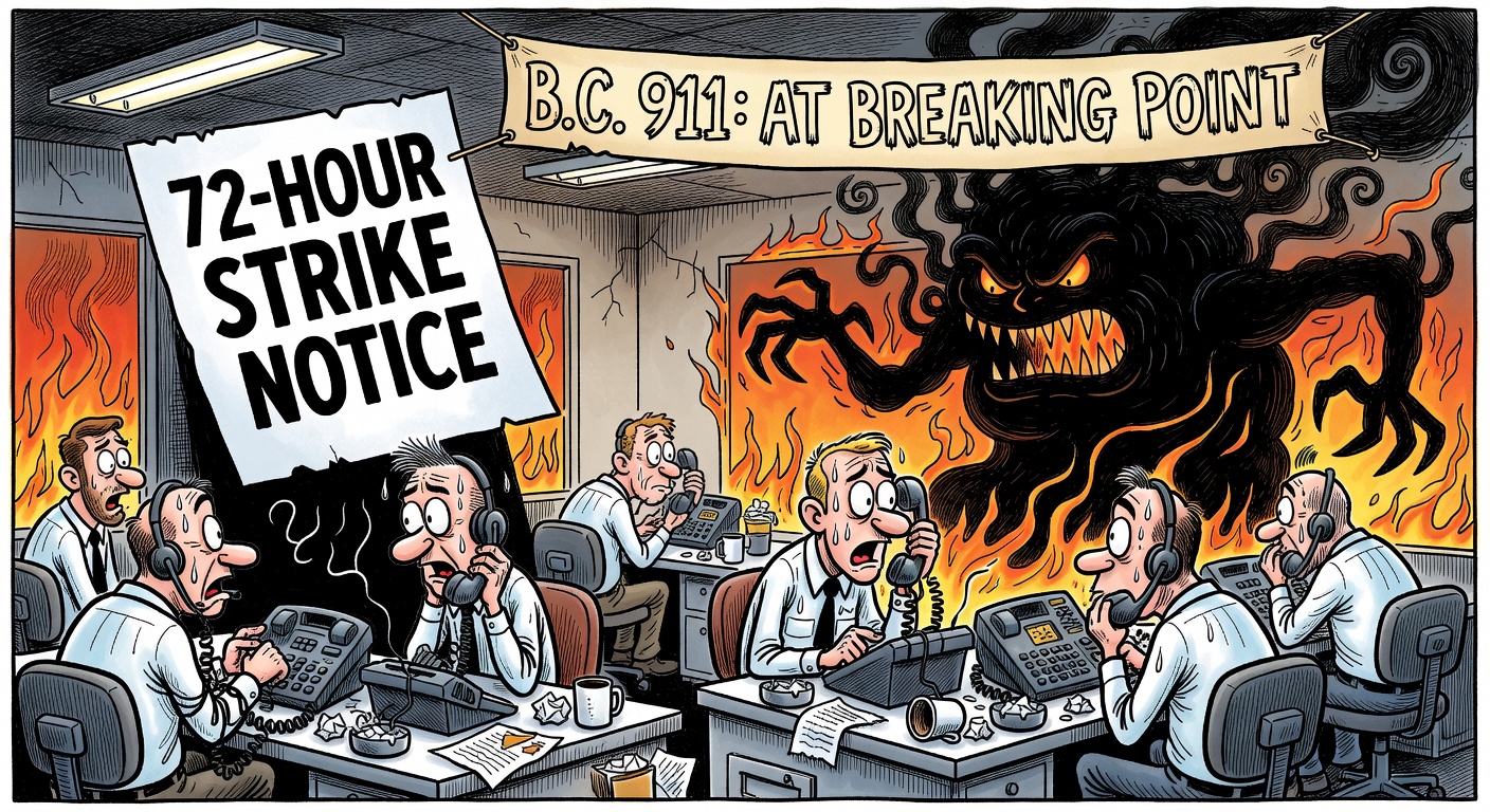 Editorial cartoon about B.C. 911 call-takers at the breaking point as strike notice lands before wildfire and summer demand