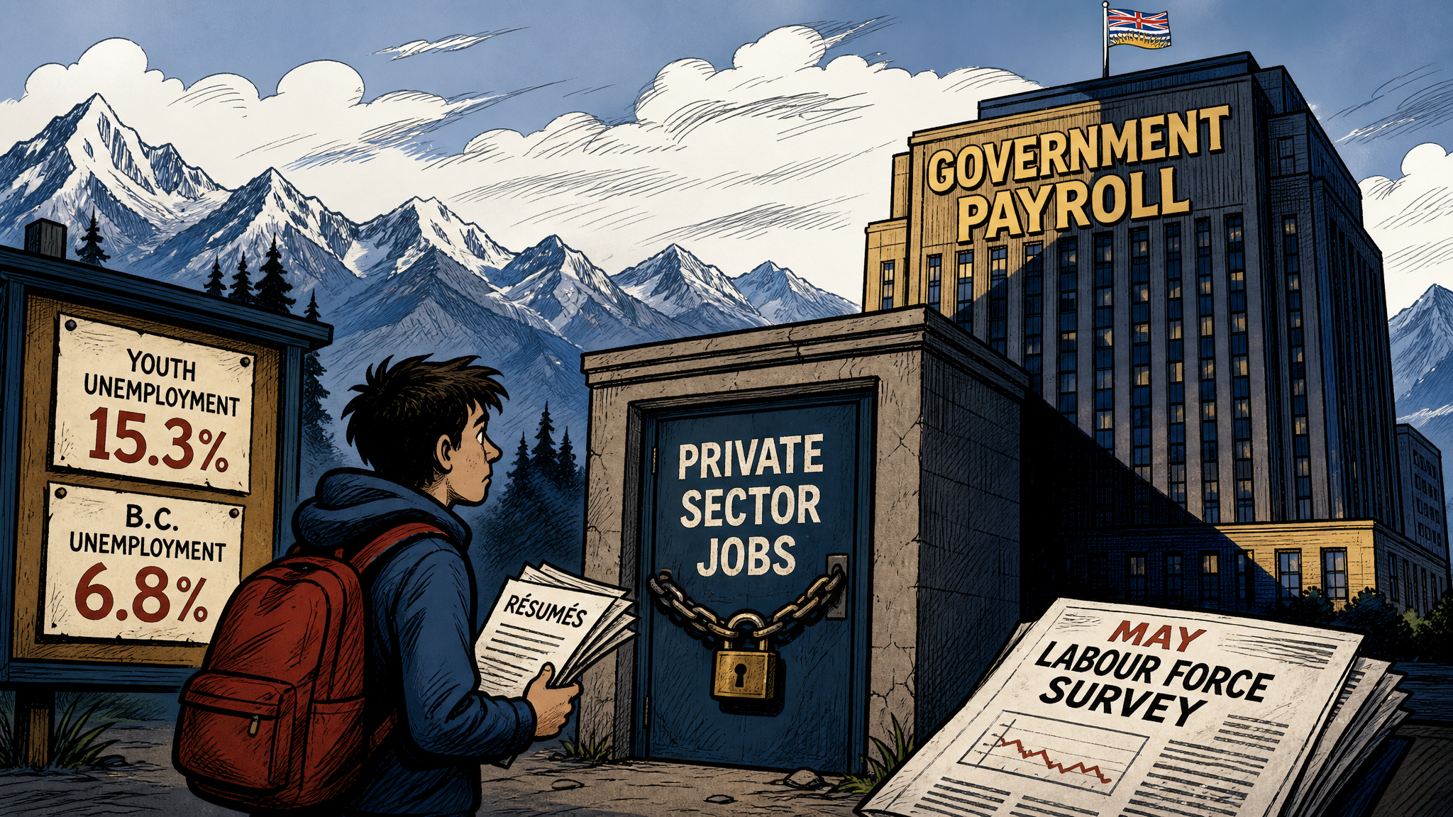 Editorial cartoon showing a young B.C. job seeker outside a locked private-sector jobs door while a government payroll tower casts a shadow