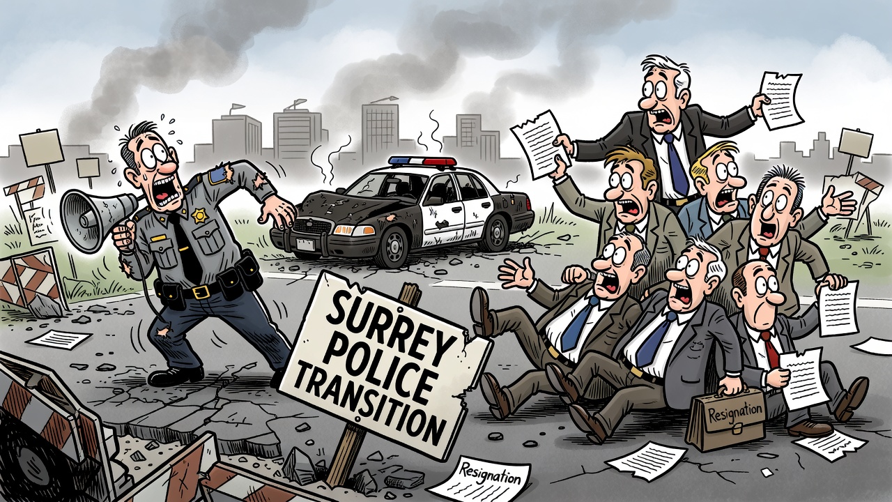 Editorial cartoon about Surrey police transition chaos after chief ouster and police board resignations