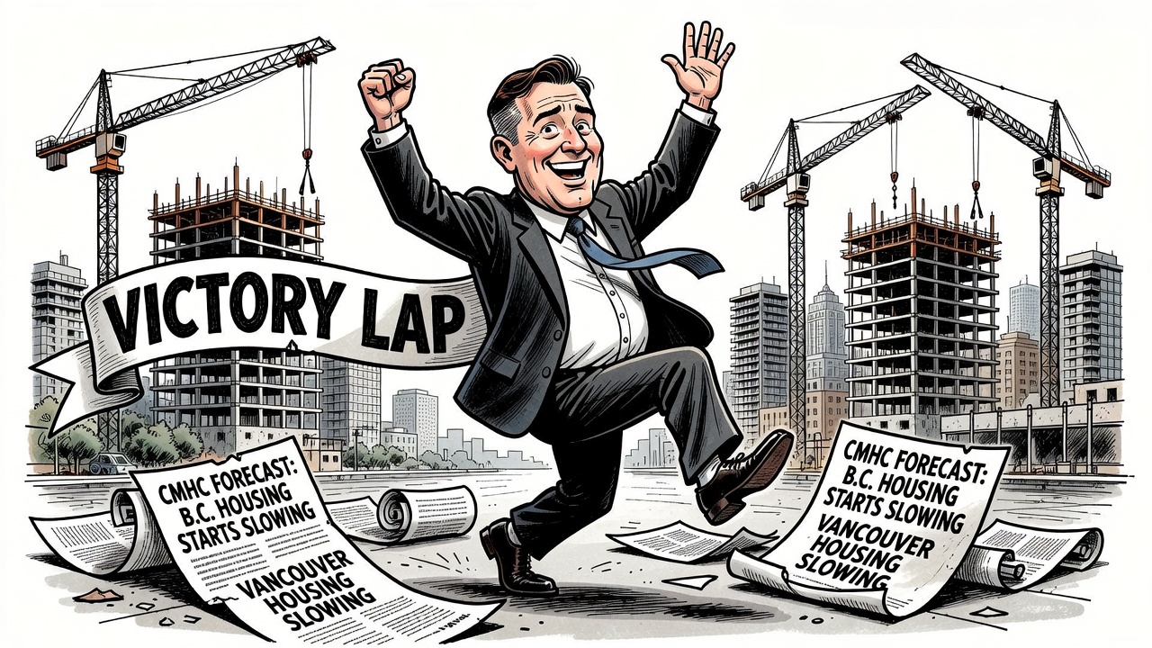 Editorial cartoon about BC Builds announcements colliding with CMHC warnings that B.C. housing starts are slowing