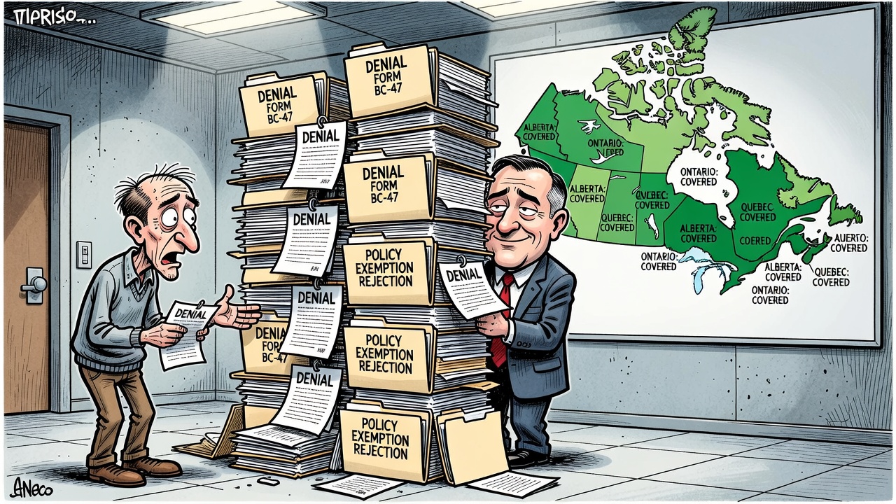 Editorial cartoon showing a B.C. patient blocked by paperwork while other provinces offer drug coverage