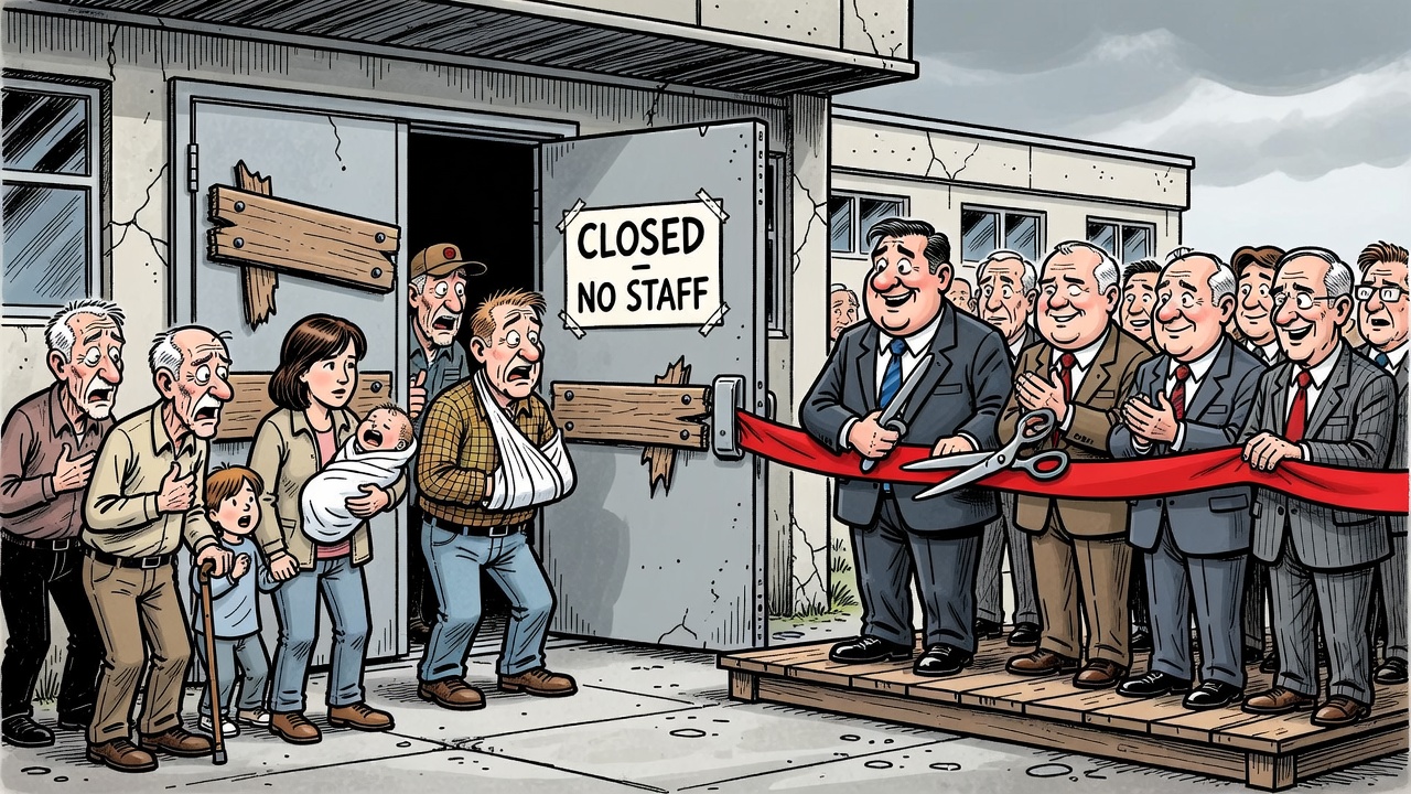 Editorial cartoon about B.C. emergency departments closing because the NDP cannot staff hospital doors