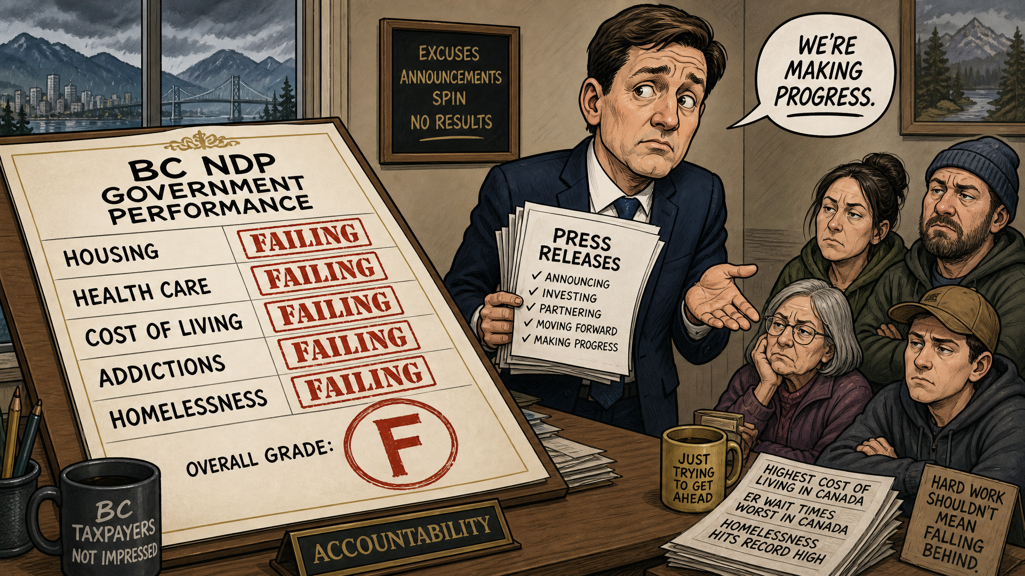 Editorial cartoon of a BC NDP government report card marked failing on housing, health care, cost of living, addictions and homelessness