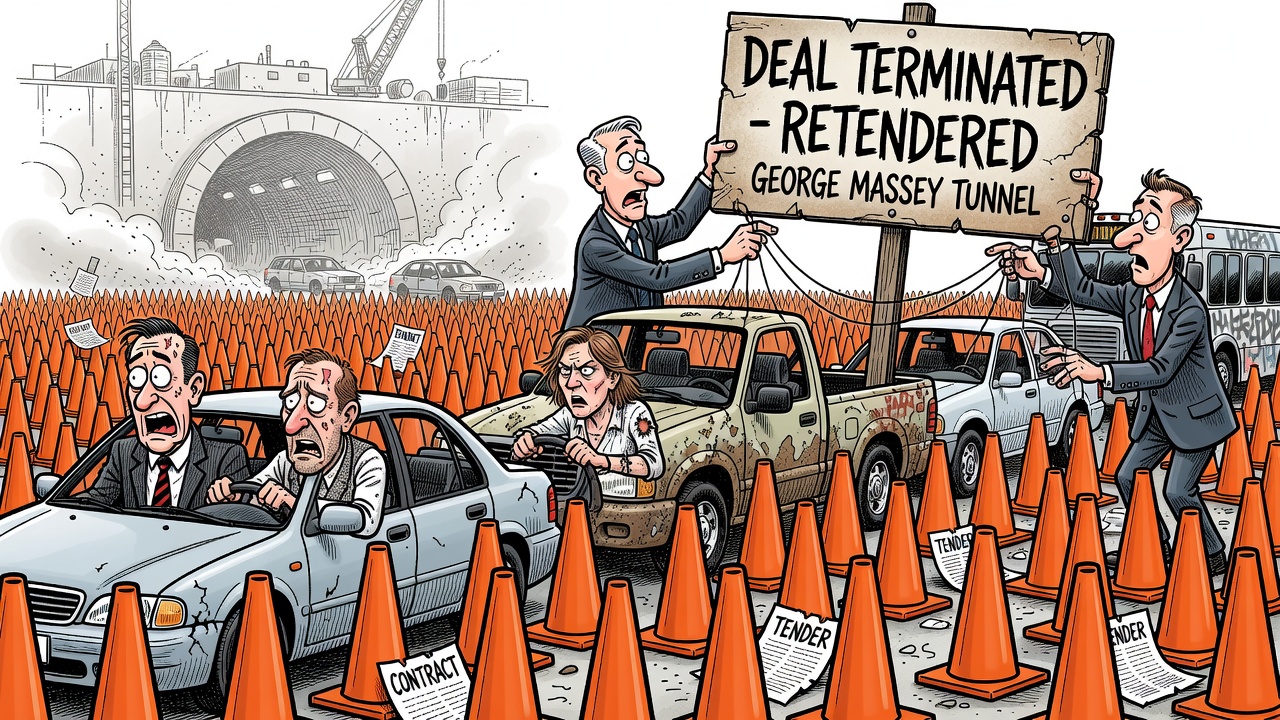 Editorial cartoon about the George Massey Tunnel replacement being retendered while commuters wait