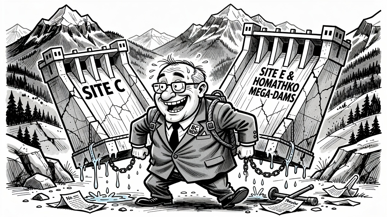 Editorial cartoon about the NDP studying Site E and Homathko mega-dams after Site C cost overruns