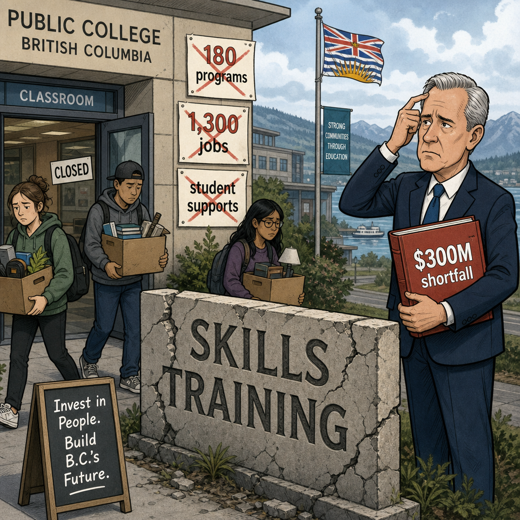 Editorial cartoon of a cracked skills training billboard beside a closing college campus, cancelled programs and a $300M shortfall ledger
