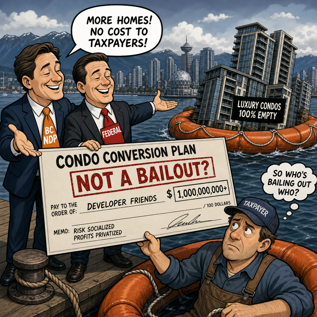 Editorial cartoon of politicians with a condo conversion cheque while taxpayers face the bill