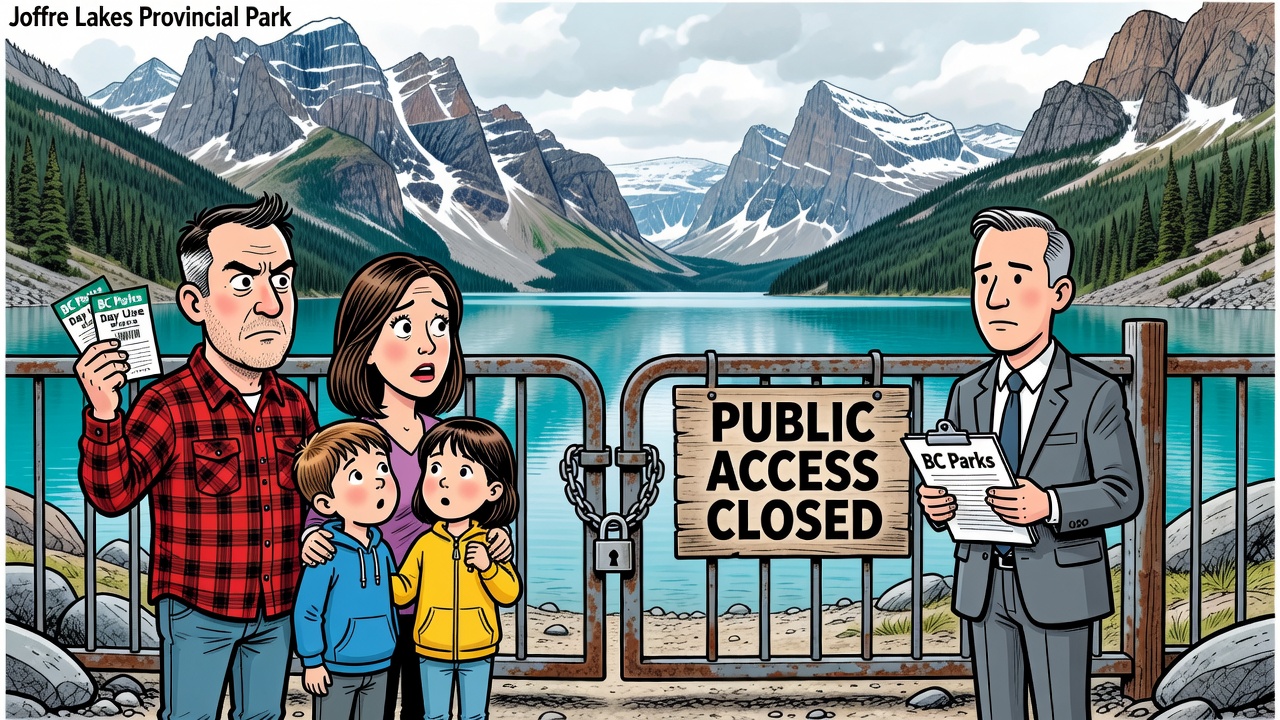 Editorial cartoon showing a family blocked by a locked Joffre Lakes provincial park gate