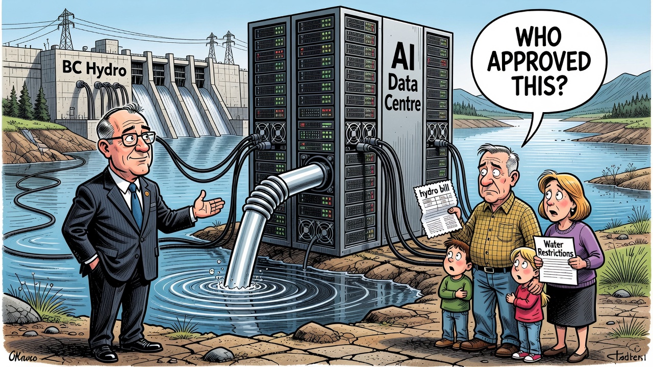 Editorial cartoon showing an AI data centre drawing BC Hydro power and reservoir water while a family holds a water restrictions notice