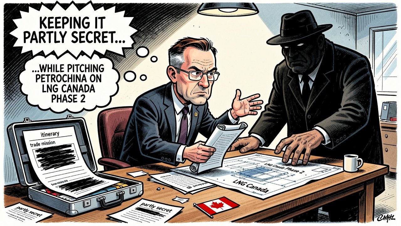 Editorial cartoon showing David Eby carrying a partly hidden China trade itinerary while pitching LNG
