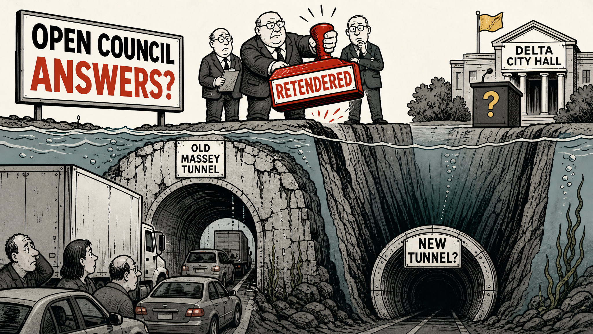 Editorial cartoon showing the Massey Tunnel retender while Delta asks for open council answers