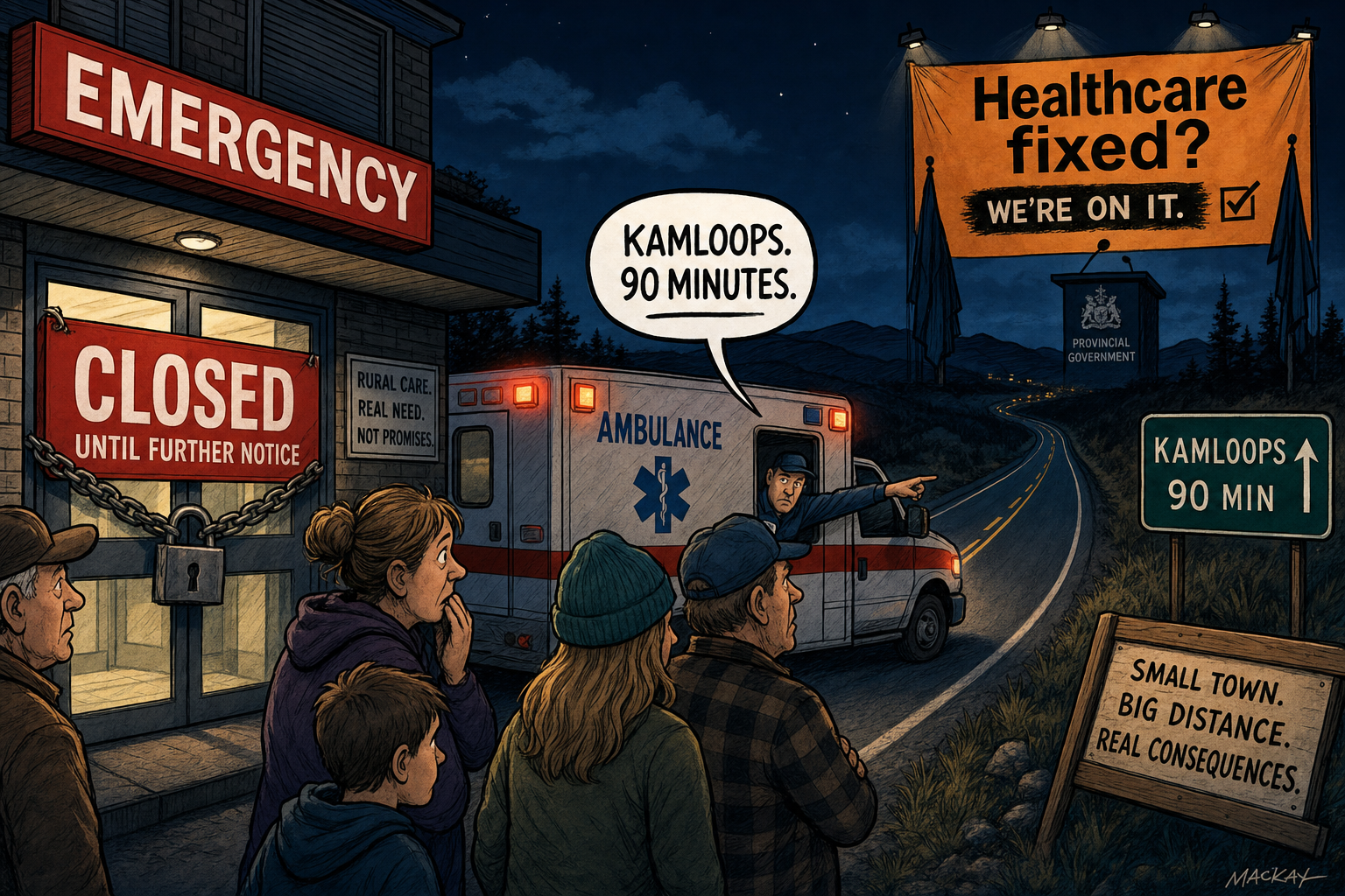 Editorial cartoon showing a rural hospital emergency entrance closed while an ambulance points toward Kamloops