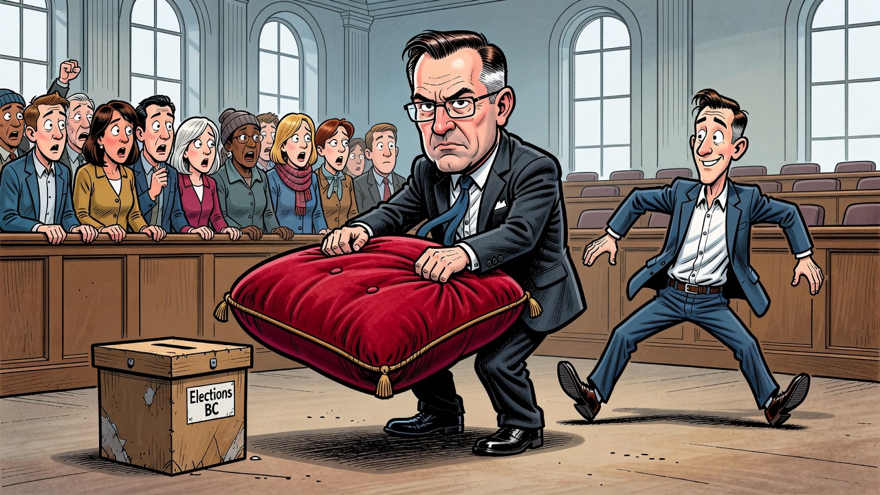 Editorial cartoon about David Eby gaining a bigger legislature cushion as a Conservative-elected MLA crosses the floor