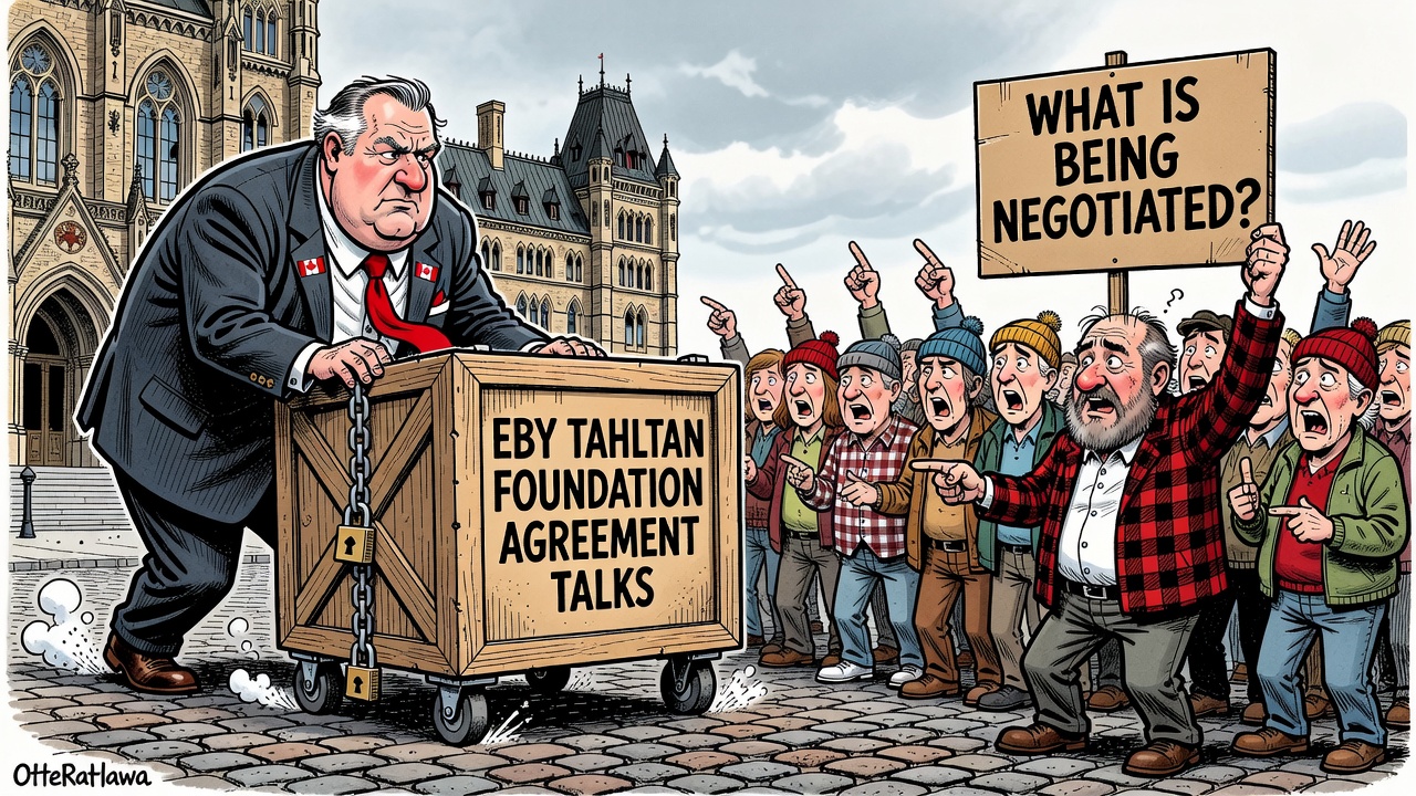 Editorial cartoon about Ottawa backing David Eby's Tahltan Foundation Agreement talks while the public asks what is being negotiated