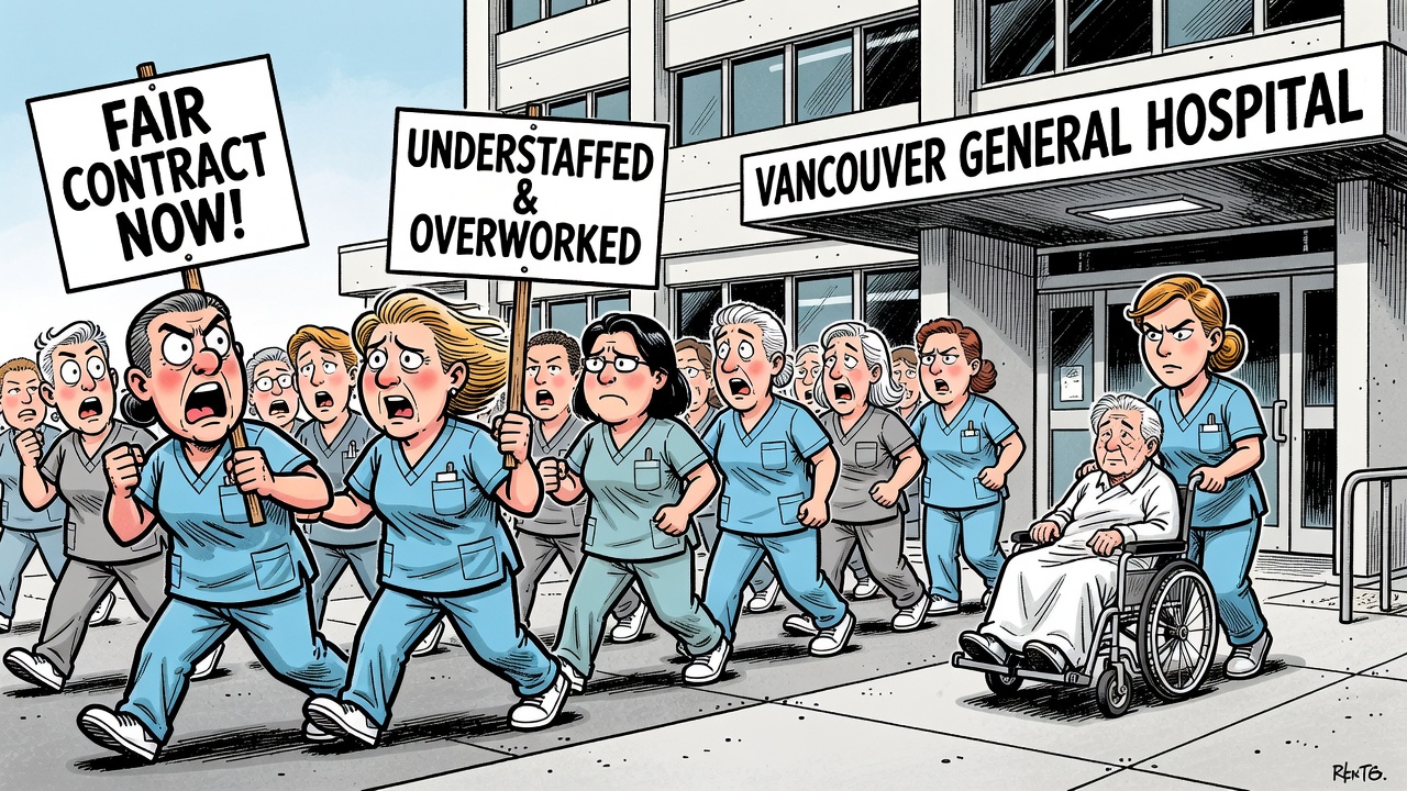 Editorial cartoon showing nurses picketing at Vancouver General Hospital while patients still need essential care