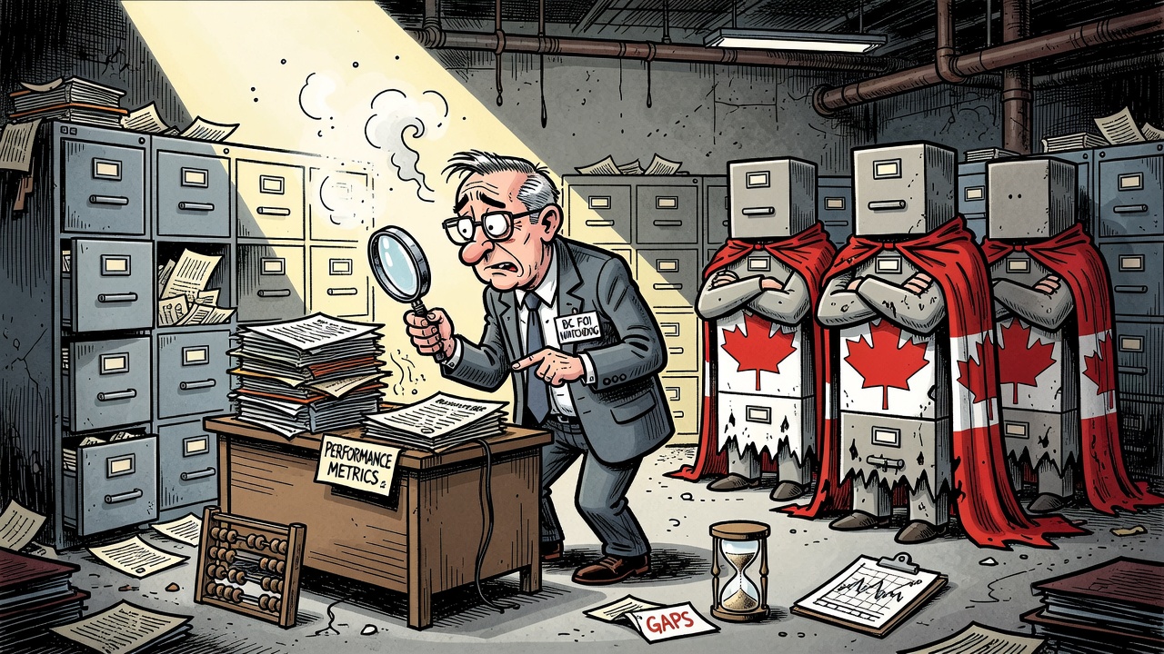 Editorial cartoon about B.C.'s FOI transparency gap and missing public performance metrics