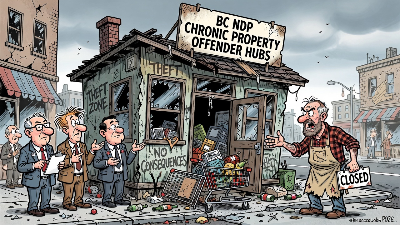 Editorial cartoon about B.C. chronic property offender hubs after retail theft and street disorder