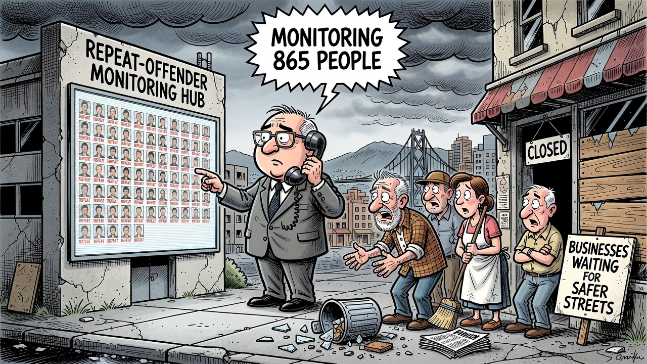 Editorial cartoon about B.C. repeat-offender hubs and businesses waiting for safer streets