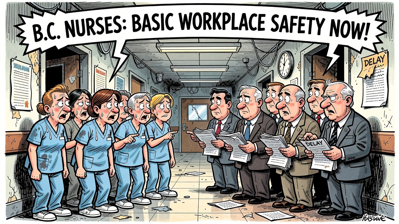 Editorial cartoon about B.C. nurses asking for workplace safety while government delays