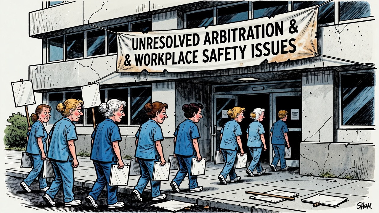 Editorial cartoon about B.C. nurses leaving picket lines while workplace safety and arbitration issues remain