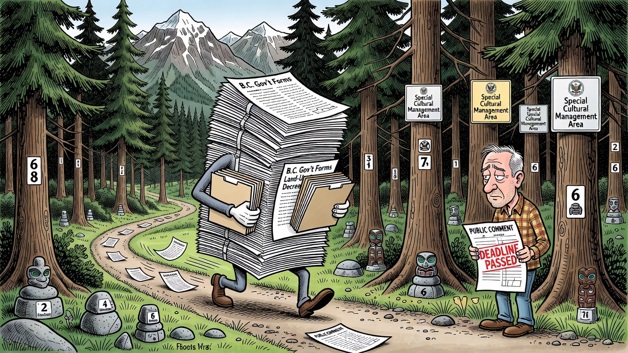 Editorial cartoon about Sea to Sky Crown-land management rules moving through government paperwork