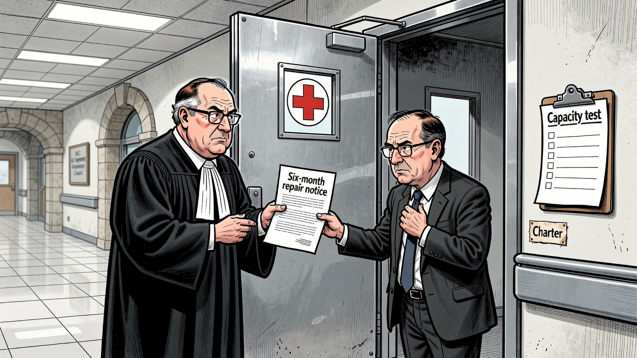 Editorial cartoon of a judge handing Premier David Eby a six-month repair notice beside a locked hospital ward and a missing capacity-test checklist