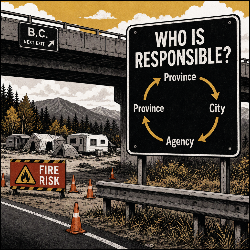 Editorial cartoon showing circular responsibility arrows around a highway encampment fire-risk scene