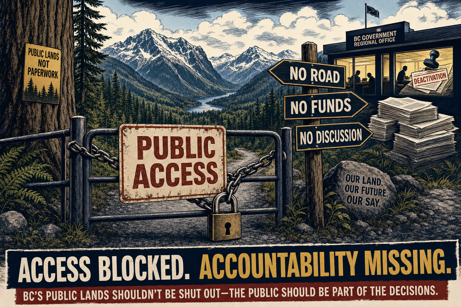 Editorial cartoon showing a locked public access gate in front of the Incomappleux Valley