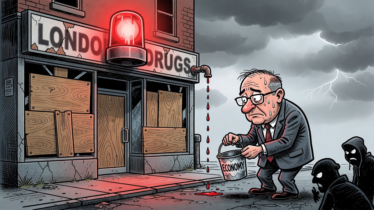 Editorial cartoon showing a London Drugs-style storefront with job notices, safety warning lights and David Eby looking away