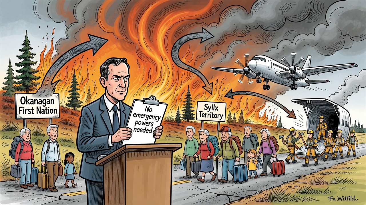 Editorial cartoon showing B.C. wildfire evacuees, smoke, arriving firefighters from Mexico, and a minister holding a no-emergency-powers clipboard