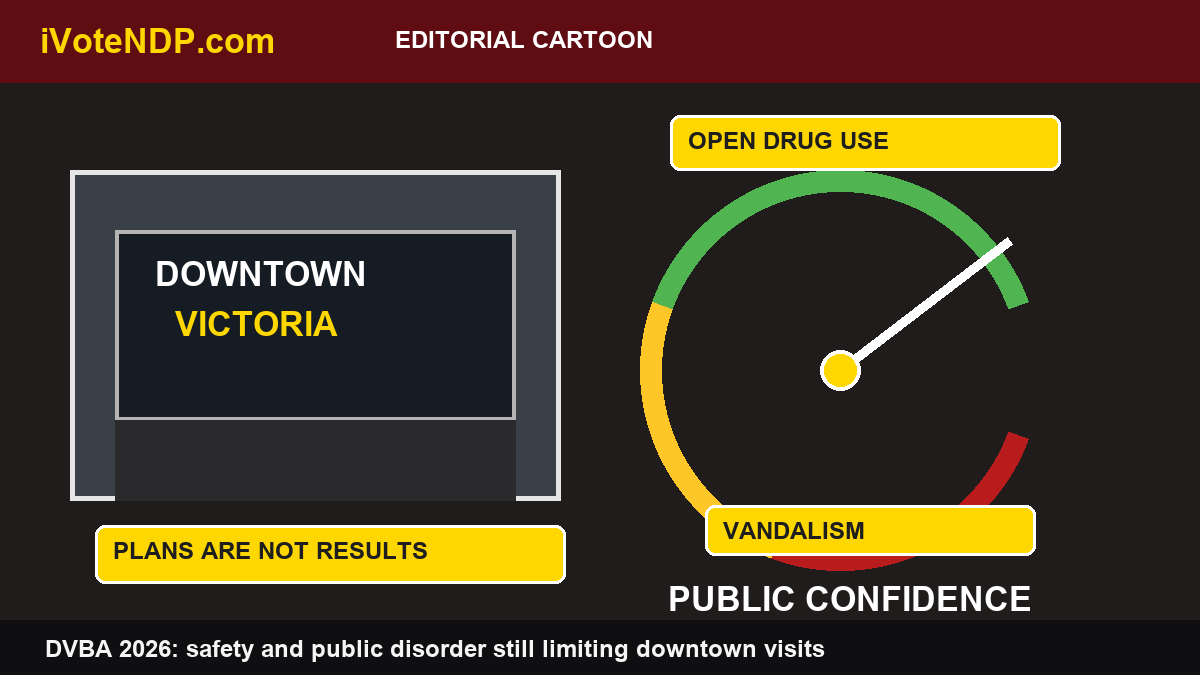 Editorial cartoon showing downtown Victoria business confidence under pressure from public disorder and safety concerns