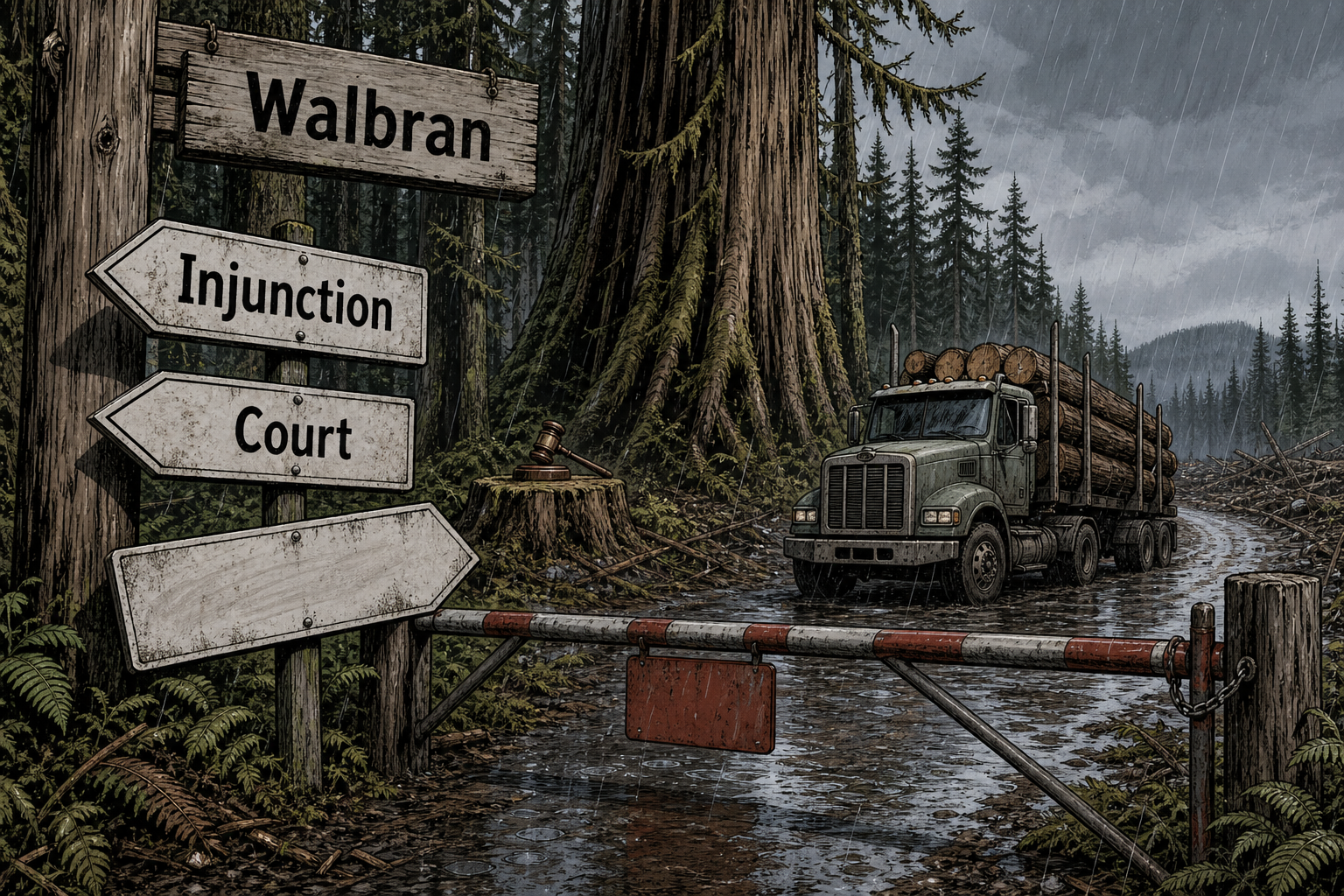 Editorial cartoon of a Walbran logging-road gate with signs pointing to injunction, court and blank land-use certainty