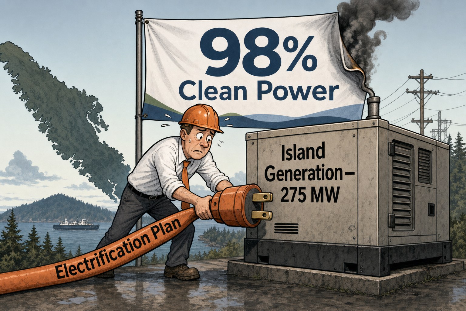 Editorial cartoon showing an electrification plan plugged into a gas-fired generator