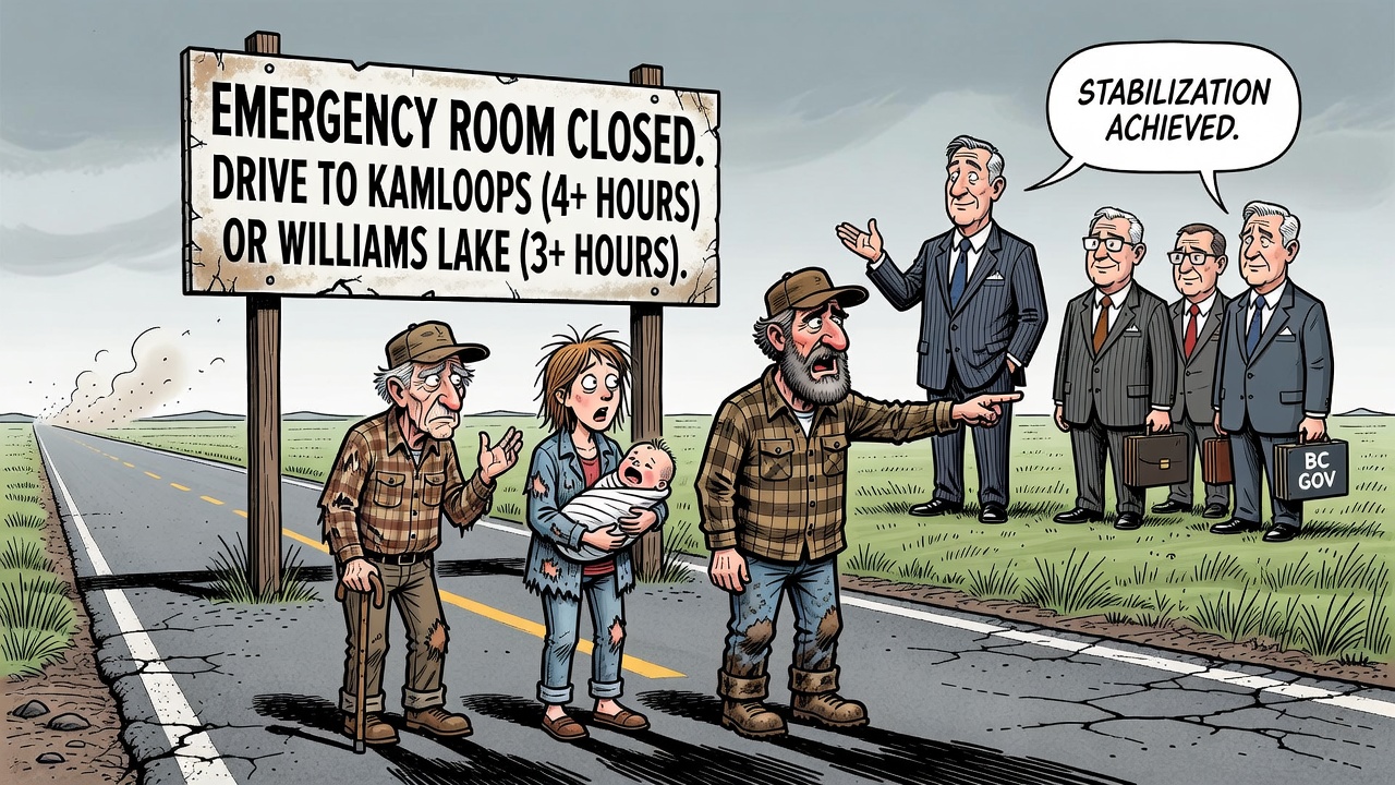 Editorial cartoon about rural B.C. emergency room closures and patients being sent down the highway