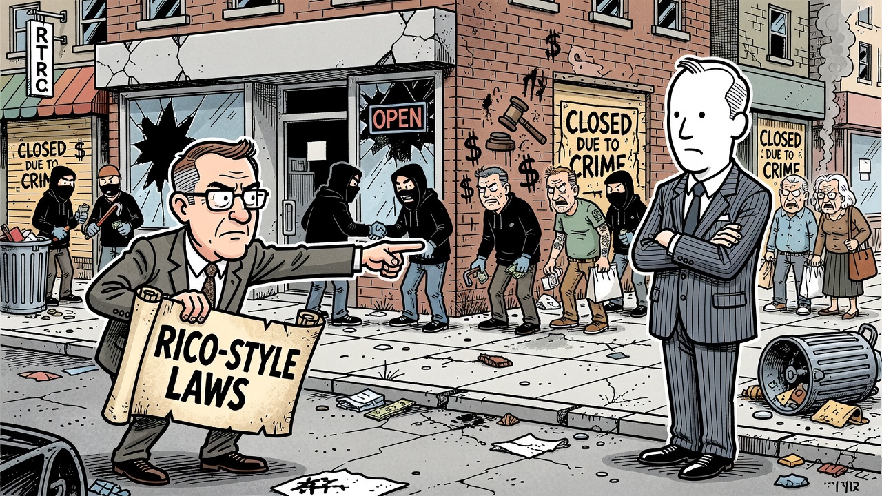 Editorial cartoon about David Eby asking Ottawa for RICO-style crime laws while B.C. communities wait for safer streets
