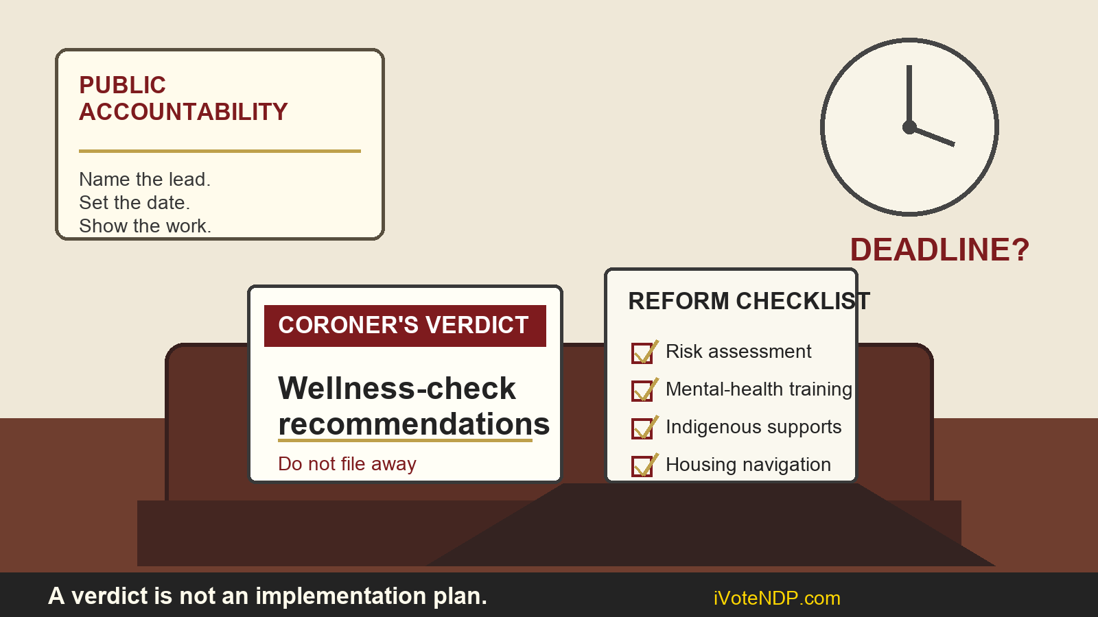 Editorial cartoon showing a coroner's verdict on a government desk under a clock beside a wellness-check reform checklist