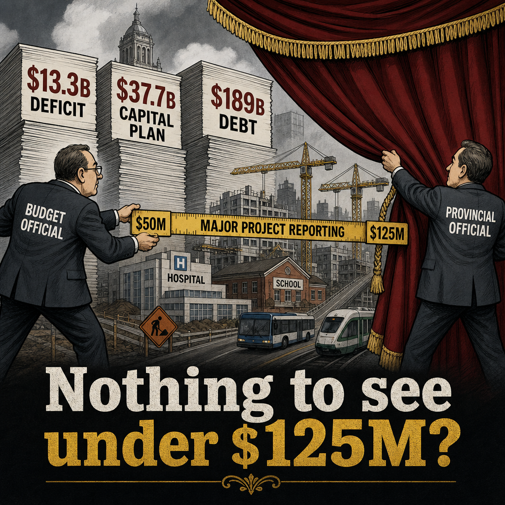 Editorial cartoon showing the B.C. major capital project reporting threshold stretched from $50 million to $125 million while public projects pile up behind a curtain