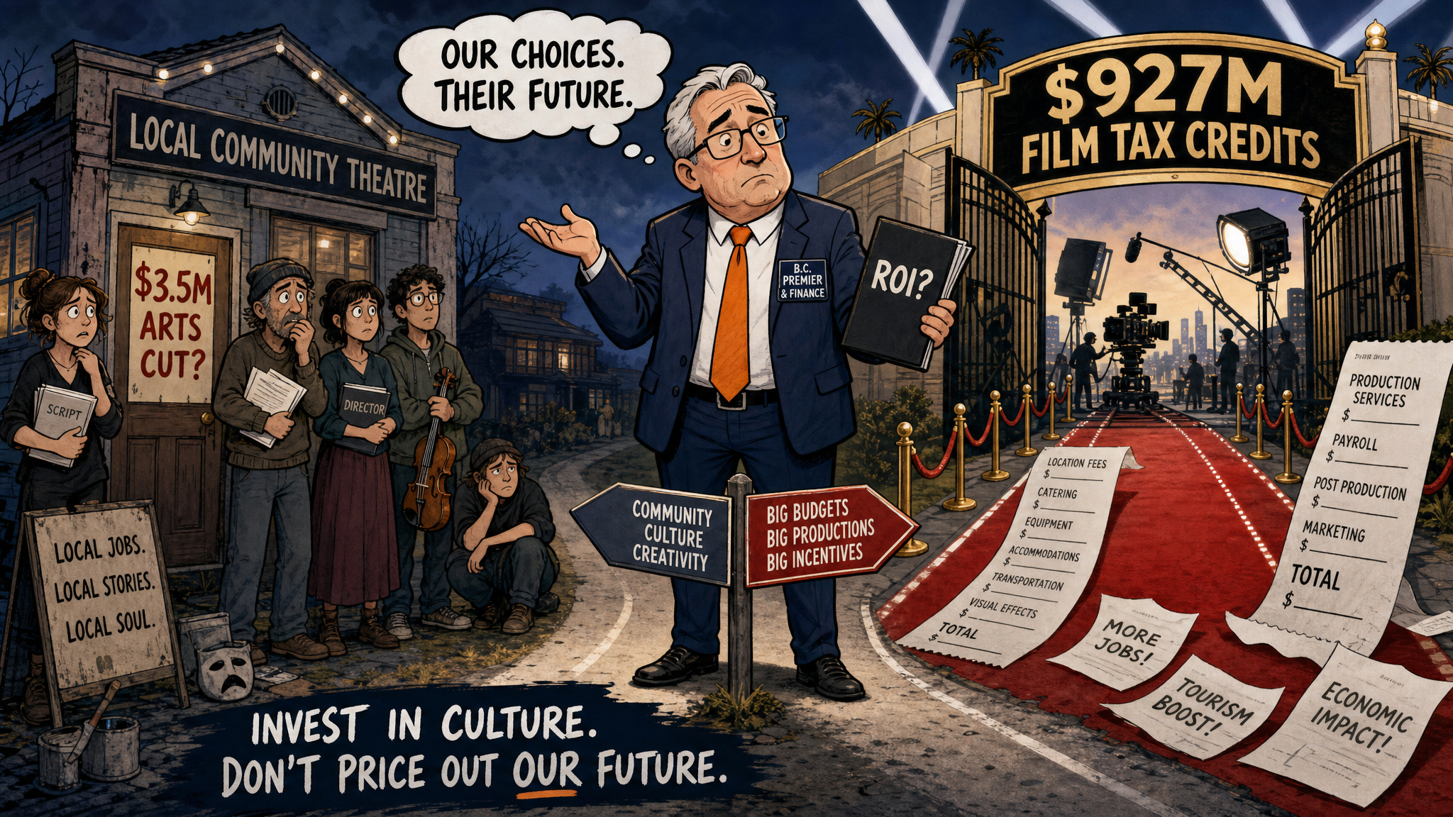Editorial cartoon showing a local community theatre facing arts cuts while a red carpet marked 927 million film tax credits leads to a film studio