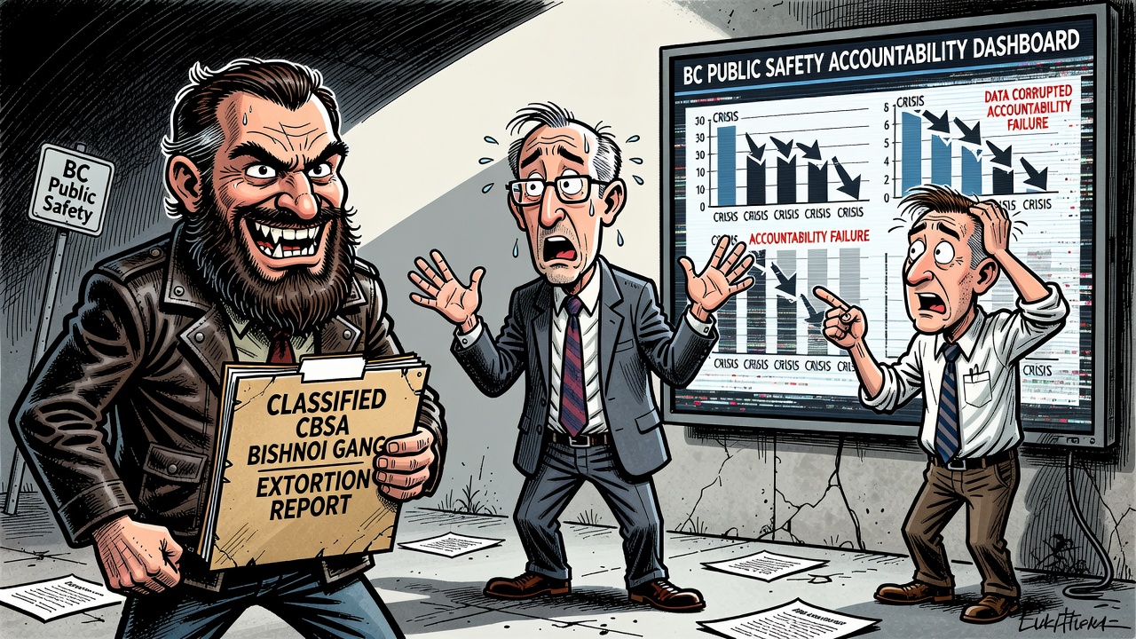 Editorial cartoon about a classified CBSA Bishnoi gang report and B.C. communities waiting for an extortion-crisis accountability dashboard