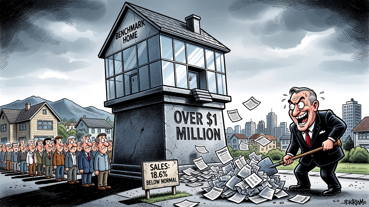 Editorial cartoon about Greater Vancouver home sales falling below normal while benchmark prices remain above one million dollars