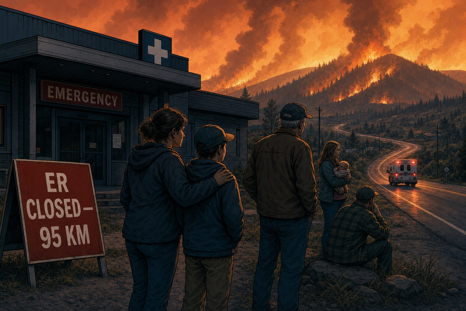 Editorial cartoon of a rural hospital with an ER closed sign and smoky wildfire highway detour