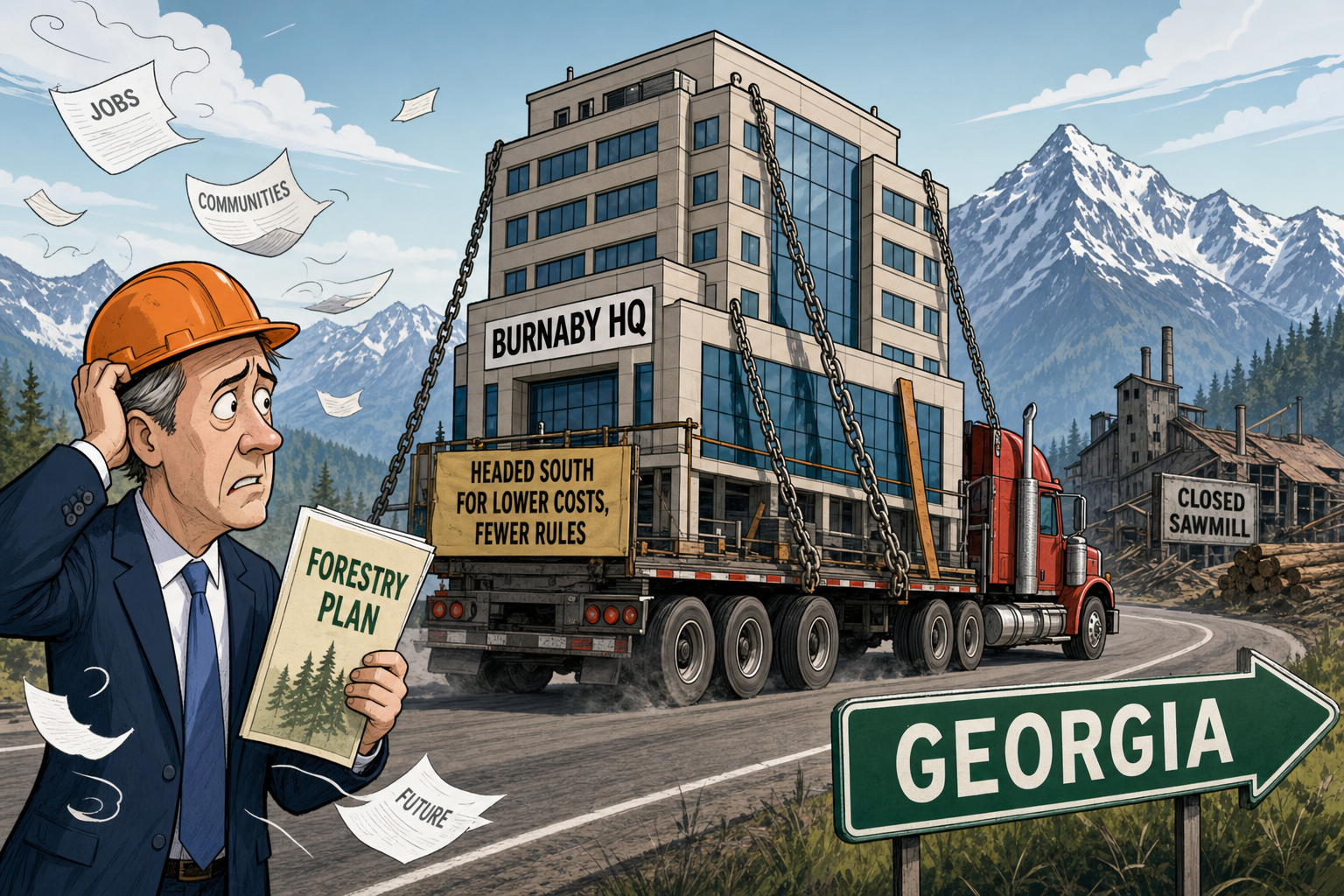 Editorial cartoon of a Burnaby forestry head office being hauled toward Georgia while a politician holds a forestry plan.