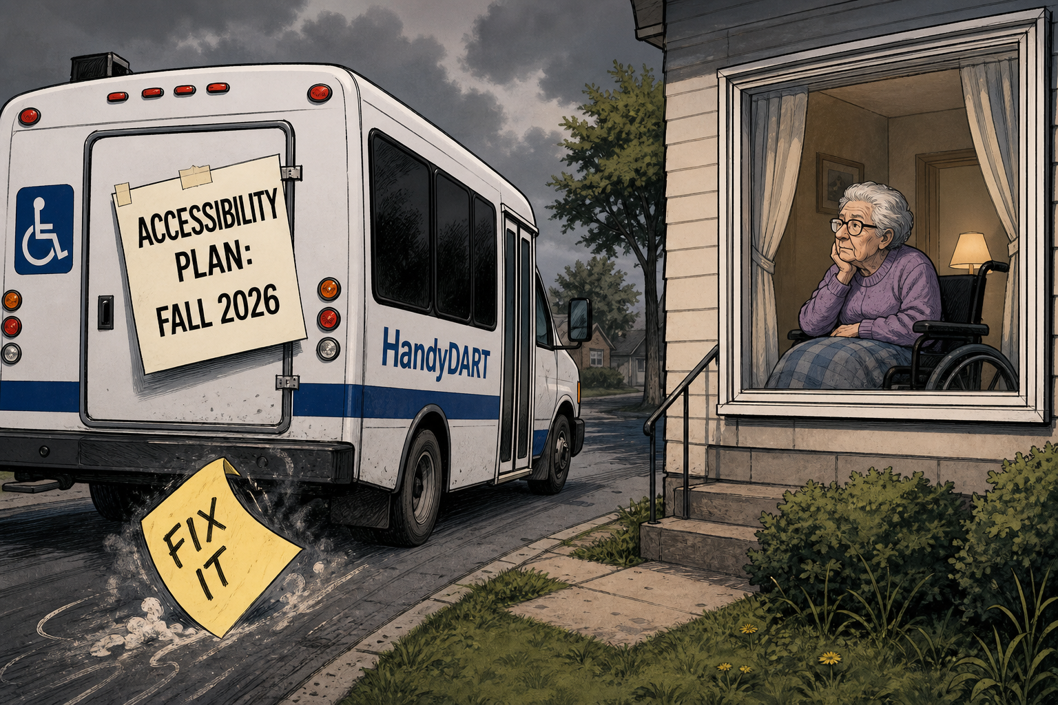 Editorial cartoon of a HandyDART bus passing a housebound wheelchair user while an accessibility plan poster and late fix-it note appear.